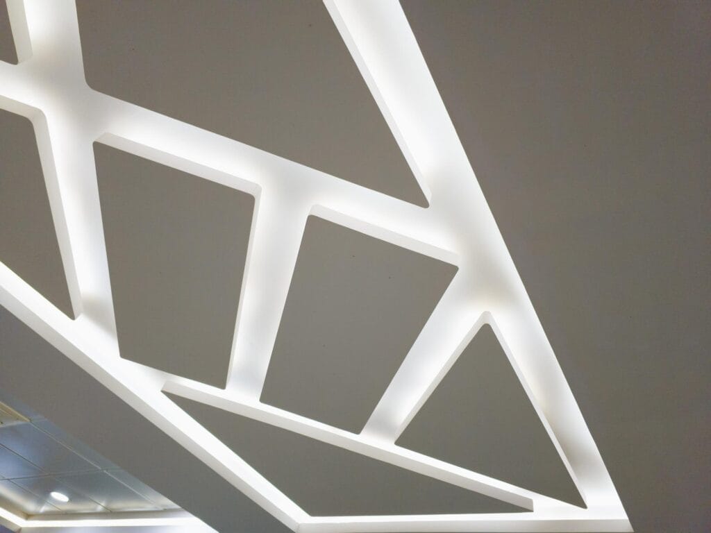 suspended ceiling with halogen spots lamps drywall construction room